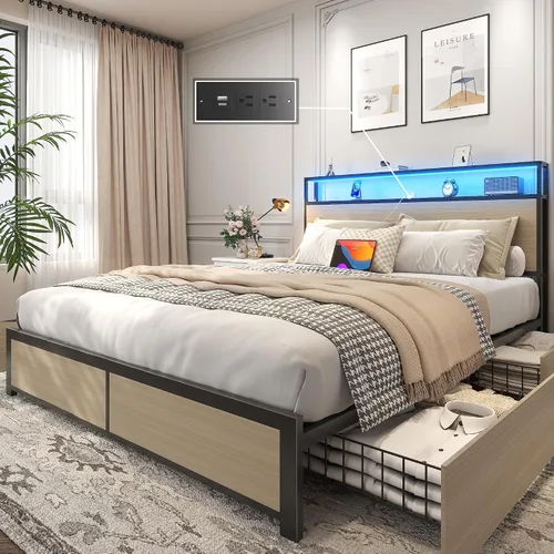 Vista 14 de Lifezone Base de cama Queen con cabecera de almacenamiento de 2 niveles, base de cama de plataforma de metal con 4 cajones de almacenamiento, gris