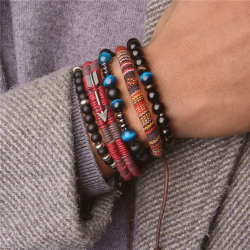 Vista 5 de Florideco - Juego de 30 pulseras de cuero trenzado para hombres y mujeres, con cuentas de madera, tejidas, étnicas, tribales, ajustables