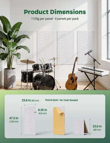 Vista 9 de Paquete de 4 paneles acústicos grandes que absorben el sonido para paredes de estudio, azulejos decorativos autoadhesivos de arte de hojas