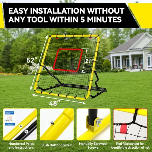 Vista 7 de Rebotador de béisbol de 48 x 52 pulgadas, anti-UV, 3 ángulos ajustables, voleibol, softbol, fútbol, rugby, béisbol, rebote, red estable, fácil