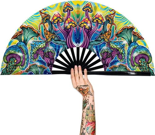 Vista 13 de Abanico para rave con brillo ultravioleta, abanico de mano plegable de bambú para hombres y mujeres (psicodélico espacial, mediano de 11 pulgadas)