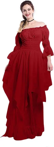 Vista 3 de Vestido victoriano para mujer, disfraz medieval vintage, manga abombada, hombros descubiertos, vestido de princesa renacentista alto y bajo