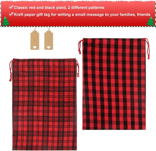 Vista 4 de HRX Package 2 bolsas de algodón de Papá Noel, bolsas de Navidad de tela a cuadros de 28 x 20 pulgadas, bolsas de Navidad reutilizables con etiqueta