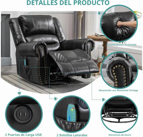 Vista 5 de MEETWARM Sillón reclinable giratorio de masaje con calor y vibración, mecedora manual mecedora, silla reclinable giratoria de 360° con control Negro