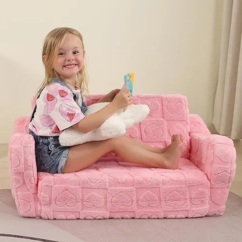 Vista 6 de MOMCAYWEX Sofá para bebé, 2 en 1, sofá suave para niños plegable con almohada de estrellas, sofá plegable para convertir en sofá cama, extra ancho