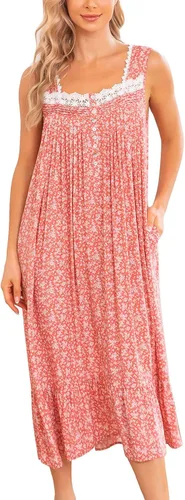 Vista 14 de AVIIER Camisones de algodón para mujer, sin mangas, vestido de casa largo con bolsillos, S-XXL Flor negra