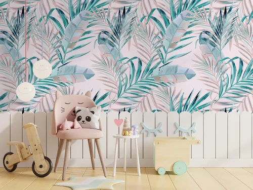 Vista 4 de Murwall Pink Leaf Wallpaper Tropical Leaf Wall Mural Exotic Colorful Summer Leaves Wallpaper