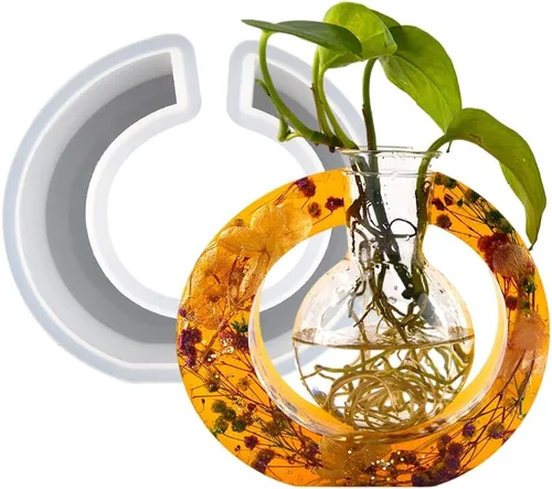 Vista 10 de Molde de resina epoxi de silicona hidropónica al por mayor Marco redondo Diseño nórdico Florero Planta Florero Molde de hormigón con botellas