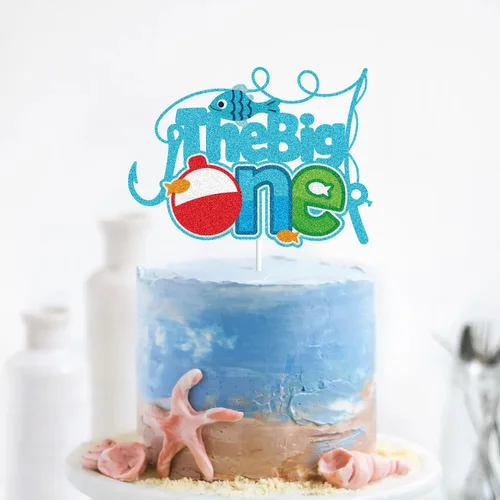 Vista 3 de The Big One Happy Birthday Cake Topper Pesca Azul Purpurina Feliz 1er Cumpleaños Un Año de Edad Pasado Pequeño Pescador Decoración de Pasteles