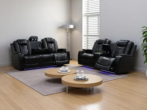 Vista 17 de Sofá reclinable de cuero transpirable con luz LED, sofá modular eléctrico con consola de almacenamiento, soporte para tazas para cine en casa, sala
