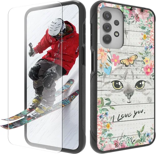 Vista 26 de Funda para Samsung Galaxy A13/A04/A04S/A23/A32 5G con protector de pantalla, parte trasera texturizada de policarbonato duro, diseño de flores