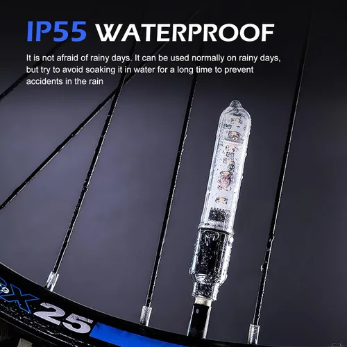 Vista 4 de 2 luces de vástago de válvula de neumático de bicicleta, IP55 impermeables, múltiples patrones de luz intermitente de radios de bicicleta