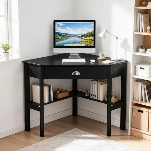 Vista 4 de Tangkula - Escritorio esquinero para computadora, mesa compacta de madera Negro