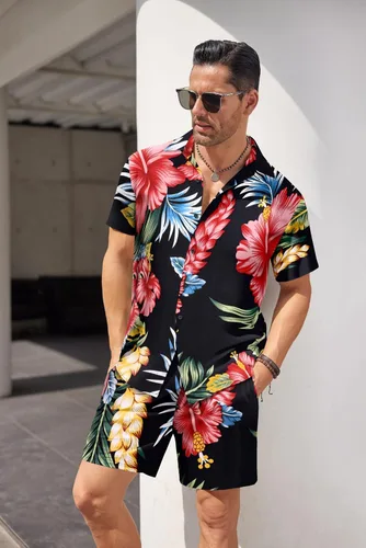 Vista 3 de COOFANDY Conjunto de camisa hawaiana y pantalón corto para hombre, traje de playa de 2 piezas con sombreros de pescador