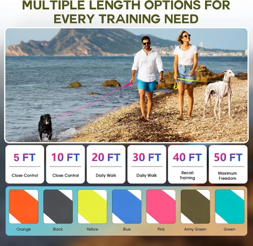 Vista 3 de Wolfone Correa Larga Verde Militar de 5 pies – Correa de Entrenamiento Impermeable para Perros para Llamada, Natación, Camping, Playa, Caza, Caminata