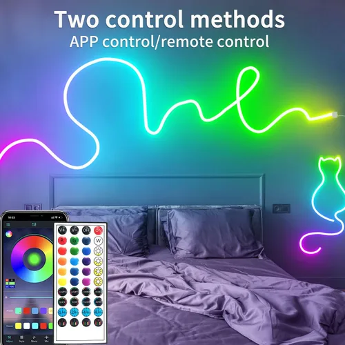 Vista 2 de segrass - Tiras de luces LED de neón de 100 pies 24V, luces de cuerda LED RGB con control remoto, control de aplicación, IP65, impermeables