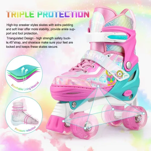 Vista 4 de Patines para niños y niñas, 4 tamaños, ajustables, con ruedas iluminadas para niños, adolescentes, principiantes y avanzados, interiores y exteriores