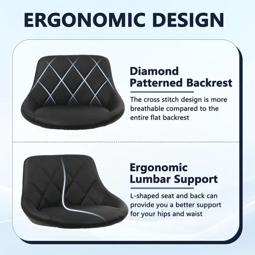 Vista 5 de KLASIKA Taburete con ruedas de respaldo bajo negro, taburetes de tocador de cuero PU, altura ajustable ergonómica giratoria giratoria silla