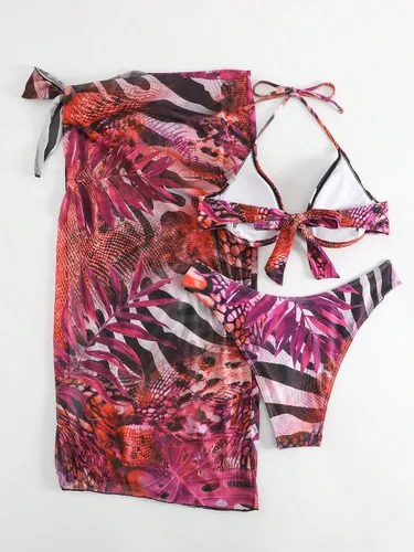Vista 2 de OYOANGLE Conjunto de bikini de 3 piezas para mujer, estampado tropical, push up, halter, traje de baño con falda de playa