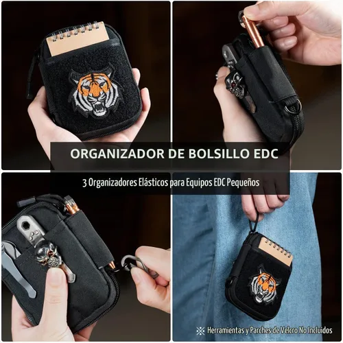 Vista 6 de Sayram Bolsa EDC, organizador de bolsillo, bolsa poderosa para hombres, bolsas EDC con parches, pequeña bolsa de herramientas con anillo en D Negro