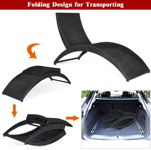 Vista 6 de COSTWAY 2 sillas plegables de ratán para exteriores, tumbona de mimbre para patio con cojín suave, soporte ergonómico, sillas portátiles de piscina