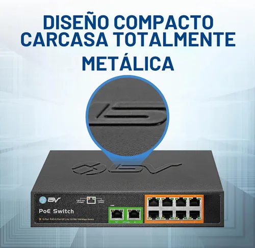 Vista 7 de BV-Tech Switch Gigabit PoE+ de 8 puertos con 2 puertos Gigabit Uplink, 130W