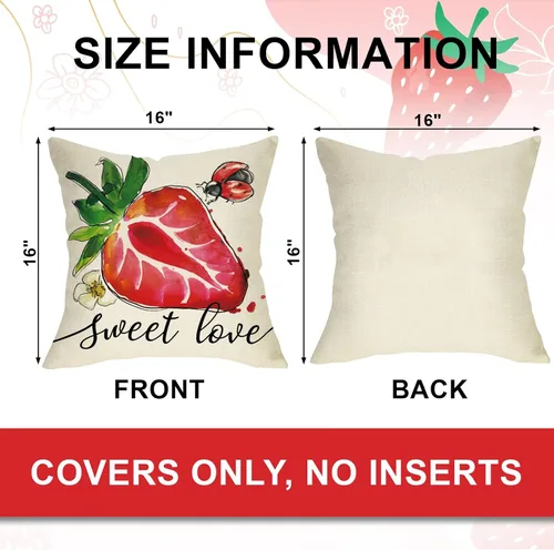 Vista 2 de Juego de 4 fundas de almohada decorativas de primavera y verano de fresa de 16 x 16 pulgadas, decoración de fundas de cojín de fruta roja dulce