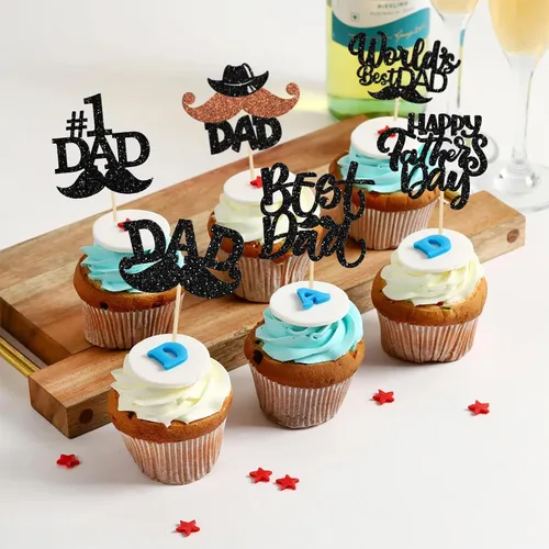 Vista 7 de Gyufise 24 piezas de decoración para cupcakes con bigote con purpurina negra del mundo para el mejor papá del mundo, decoraciones para el Día