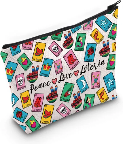Vista 8 de JXGZSO Bolsa de lotería divertida bolsa de almacenamiento de bingo mexicano, regalo de lotería, paz, amor, lotería, bolsa de lona con cremallera