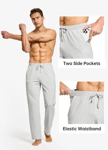 Vista 5 de Willit - Pantalones de ejercicio de algodón para hombre, con parte inferior abierta, ajuste holgado, atléticos, con bolsillos, para casa, yoga