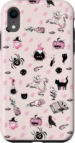 Vista 24 de iPhone 16 Vintage Halloween Case Pumpkins Ghosts Witch Skulls Pink Case