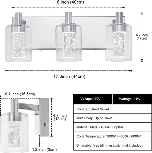Vista 2 de SineRise - Luz de tocador con 3 modos de color (3000K/4000K/6000K), lámpara de baño LED con protección ocular, lámpara de pared moderna regulable