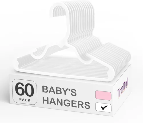 Vista 8 de Paquete de 60 perchas de plástico para niños, color rosa para uso diario 11.4-Inch Baby Clothes Hangers Fit Newborn to Toddler, Non-Slip Notches
