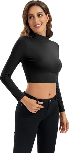 Vista 2 de Camisetas cortas de cuello alto de manga larga para mujer, camisetas ligeras recortadas de capa base