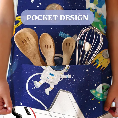 Vista 3 de DECOWALL AP-004 - Delantal para niños, planetas espaciales para niños y niñas, delantales de cocina con bolsillo para niños, cocina, hornear