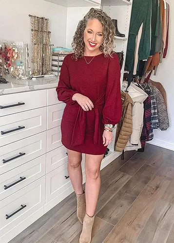 Vista 2 de PRETTYGARDEN - Vestido corto y elegante de fiesta para mujer, con cuello redondo, manga farol, tejido de punto y para atar en la cintura