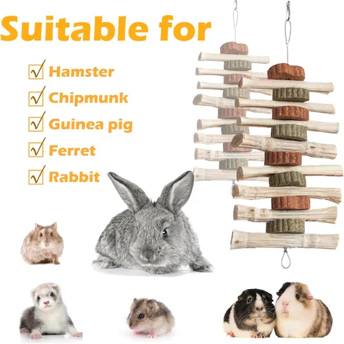 Vista 7 de 4 juguetes masticables de conejo para rechinar dientes, deliciosos juguetes masticables colgantes en jaula de conejo, palitos masticables de bambú