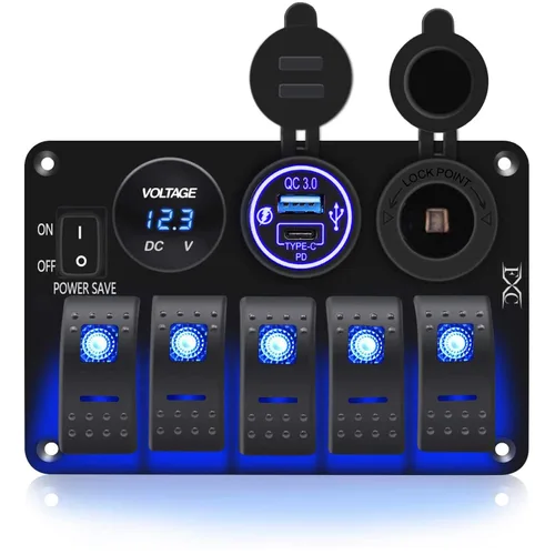 Vista 8 de FXC Interruptor basculante de barco marino impermeable, panel de aluminio de 5 segmentos con ranura USB dual 3.1A + medidor de voltios, luz LED azul