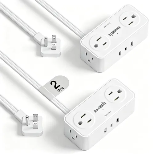 Vista 9 de SMALLRT - Regleta de alimentación con USB, cable de extensión plano de 2 piezas con múltiples tomas, barra de alimentación de enchufe plano de 3.3