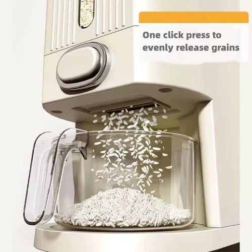 Vista 2 de Dispensador de arroz IEEK y contenedor de almacenamiento de granos con tapa, contenedor de arroz con taza de medición, dispensador de cereales