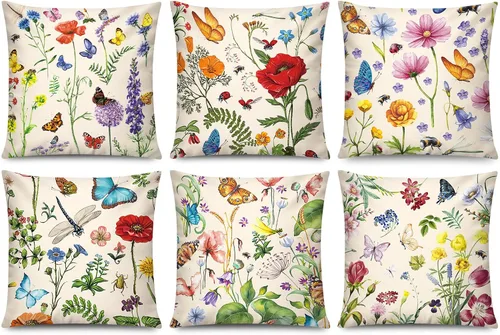 Vista 15 de COMMINY Juego de 6 fundas de almohada decorativas de 16 x 16 pulgadas / 16.0 x 16.0 in., diseño de margaritas y margaritas para sofá, moderna funda