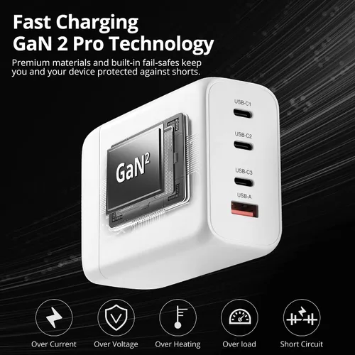 Vista 3 de SIIG Cargador GaN USB-C PD de 4 puertos de 200 W, AC-PW1V11-S1 Carga 4 dispositivos con salida total de 200 W; diseño GaN y USB-C PD admiten carga