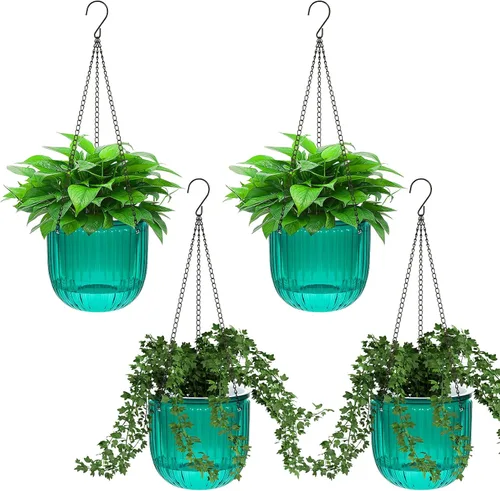 Vista 10 de Meanplan 4 macetas colgantes de riego automático para interiores de 6.5 pulgadas, cestas colgantes para plantas al aire libre, maceta de plástico