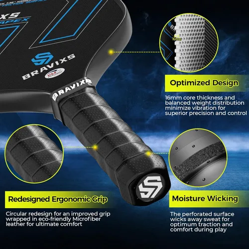 Vista 3 de Juego de 2 palas de pickleball Bravixs aprobadas por USAPA, fibra de carbono T700 en bruto, raquetas de pickleball con superficie de fricción, con 4