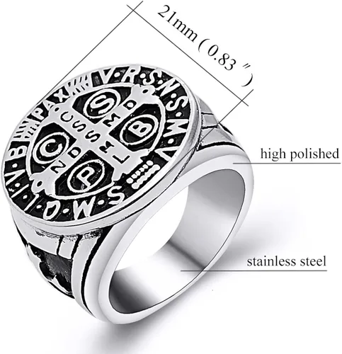Vista 3 de enhong Anillo de exorcismo de San Benito para hombres de acero inoxidable católico de la cruz romana de la protección del demonio cazador