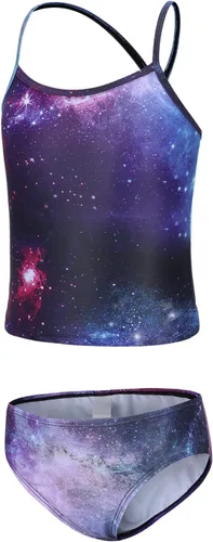 Vista 18 de Traje de baño tankini de dos piezas para niñas, traje de baño a rayas arcoíris Bandera estadounidense 40
