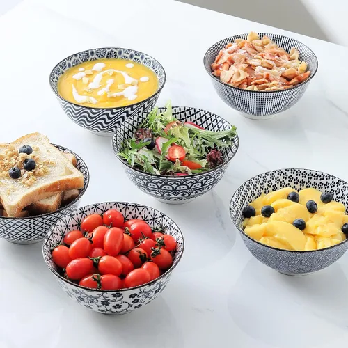 Vista 6 de Tazones de porcelana para cereales de 24 onzas a 6 pulgadas, juego de 6, cuencos vintage azules y blancos para arroz, ensalada, aperitivos