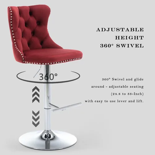 Vista 64 de SoarFlash Juego de 2 taburetes de bar tapizados de terciopelo moderno con patas de madera, botones acolchados, cabeza de clavo cromada, asiento