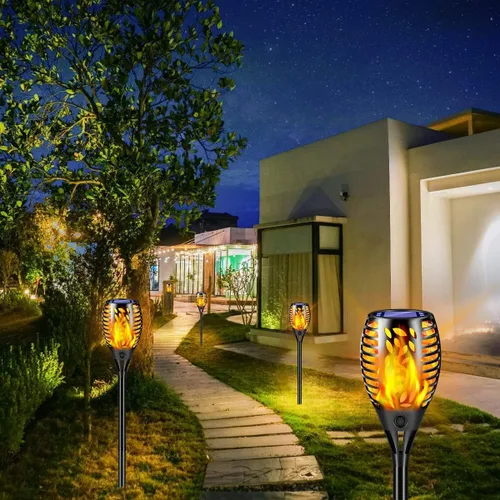 Vista 6 de TomCare Paquete de 6 antorchas de llamas parpadeantes para exteriores, luces decorativas de jardín, alimentadas por energía solar, iluminación