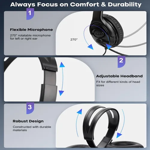 Vista 7 de MKJ Auriculares USB con micrófono de cancelación de ruido, auriculares de oficina con sonido cristalino, auriculares duraderos para computadora